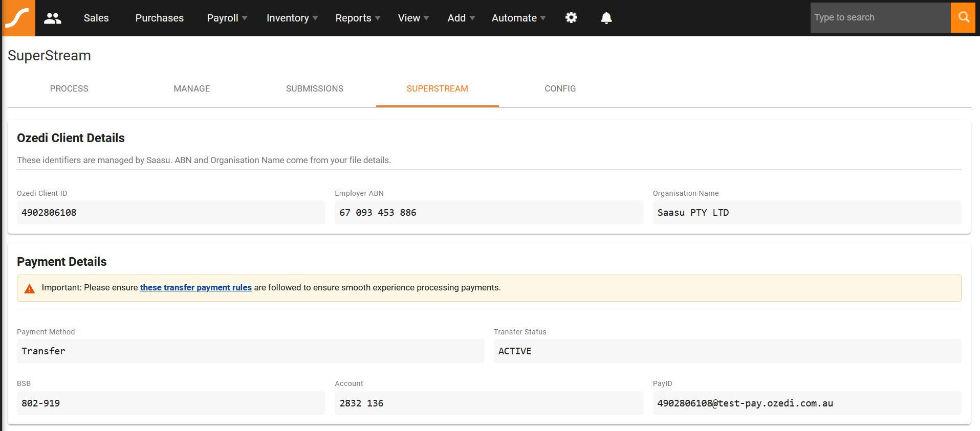 SuperStream Ozedi Client & Payment Details