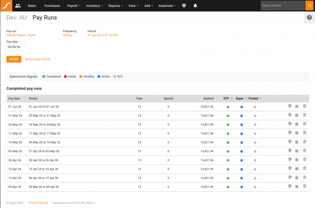 Pay Runs Screen